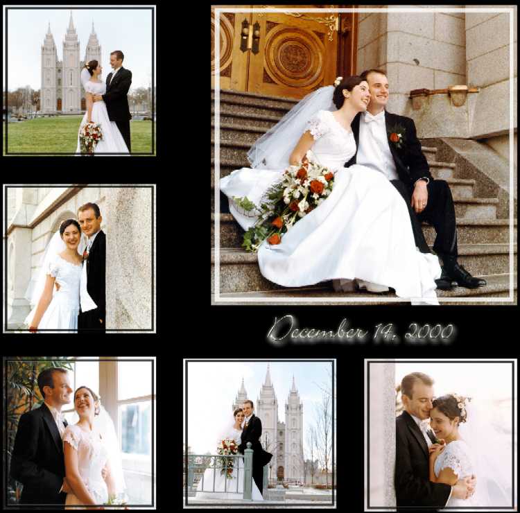 Collage of pictures at SLC Temple of wedding