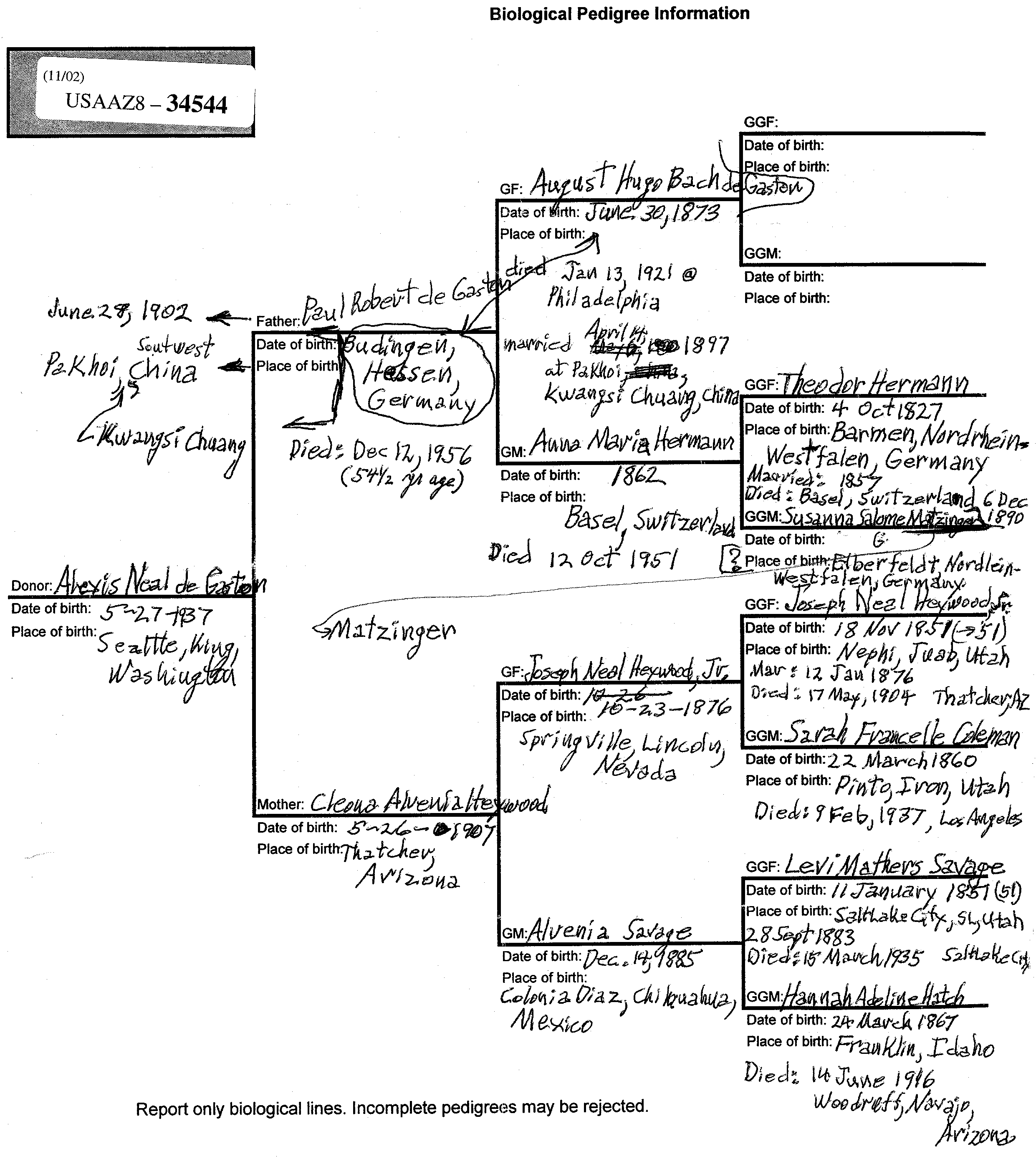 Dad's Four Generation Pedigree Chart, November 15, 2002